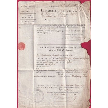 MARQUE 64 BAYONNE BASSES PYRENEES LE MAIRE DE BAYONNE DECES D'UN MILITAIRE VOLTIGEUR LA FERTE SARTHE 1811 LETTRE