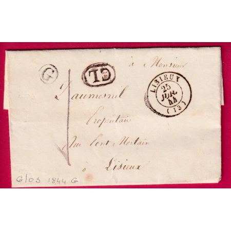 CAD TYPE 15 LISIEUX CALVADOS TAXE LOCALE 1 + CL NOIR BOITE RURALE G GLOS 1844 LETTRE