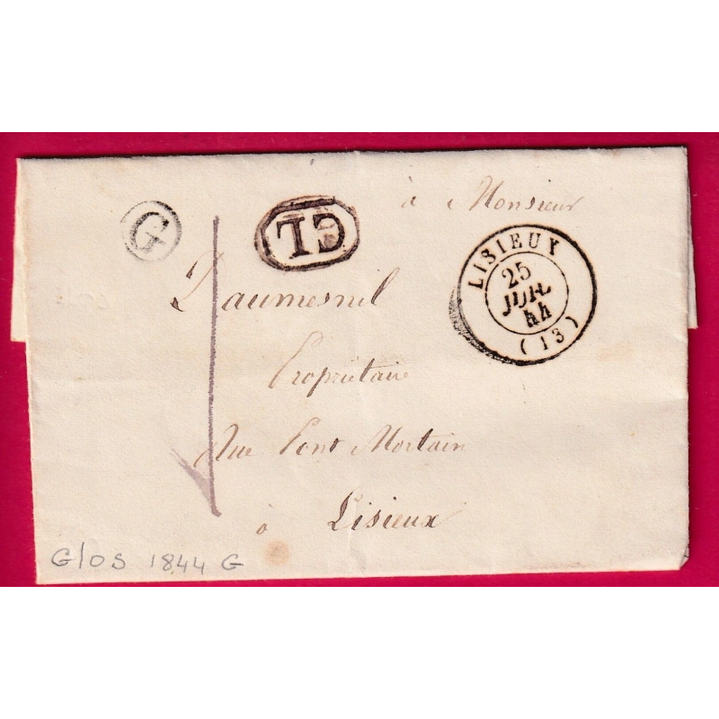 CAD TYPE 15 LISIEUX CALVADOS TAXE LOCALE 1 + CL NOIR BOITE RURALE G GLOS 1844 LETTRE