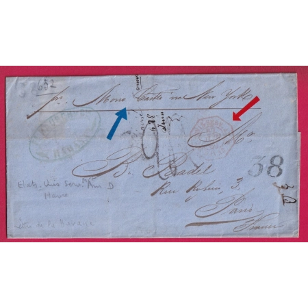 LETTRE DE CUBA HABANA 1866 TAXE 24 TAMPON + TAXE ECHANGE 38 VIA NEW YORK USA POUR PARIS LETTRE