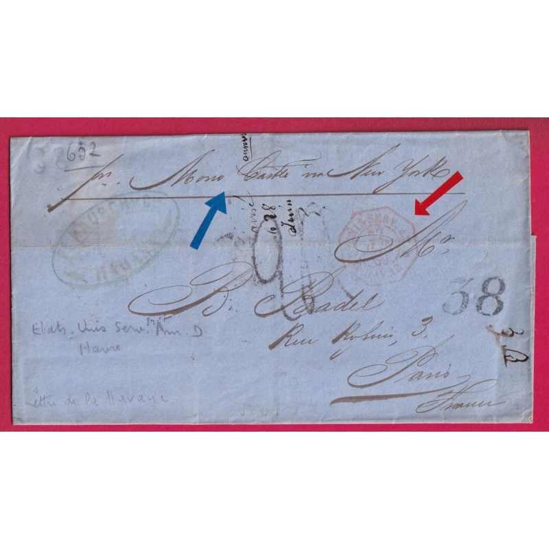 LETTRE DE CUBA HABANA 1866 TAXE 24 TAMPON + TAXE ECHANGE 38 VIA NEW YORK USA POUR PARIS LETTRE