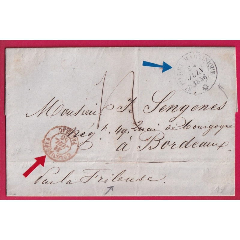 ST PIERRE MARTINIQUE ENTREE COLONIE PAR PAUILLAC GIRONDE BATEAU LA FRILEUSE  POUR BORDEAUX 1856 LETTRE