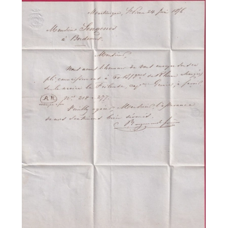 ST PIERRE MARTINIQUE ENTREE COLONIE PAR PAUILLAC GIRONDE BATEAU LA FRILEUSE  POUR BORDEAUX 1856 LETTRE