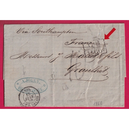 LETTRE DE BUENOS AIRES ARGENTINE ARGENTINA MARQUE ECHANGE GB 1F60 VOIE ANGLAISE POUR GRAULHET TARN 1868 LETTRE