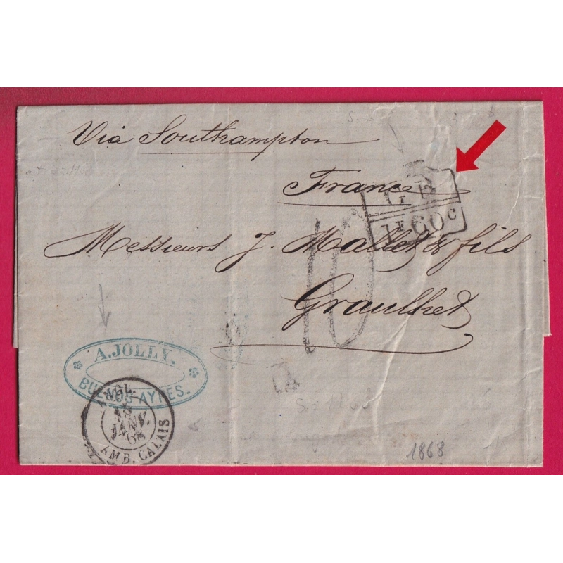LETTRE DE BUENOS AIRES ARGENTINE ARGENTINA MARQUE ECHANGE GB 1F60 VOIE ANGLAISE POUR GRAULHET TARN 1868 LETTRE