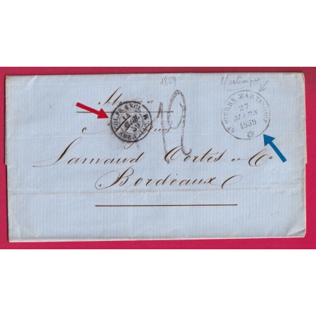 ST PIERRE MARTINIQUE TAXE TAMPON 12 VOIE ANGLAISE 1859 POUR BORDEAUX LETTRE