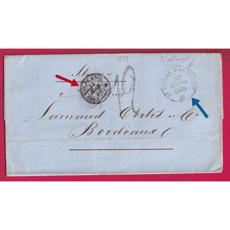 ST PIERRE MARTINIQUE TAXE TAMPON 12 VOIE ANGLAISE 1859 POUR BORDEAUX LETTRE
