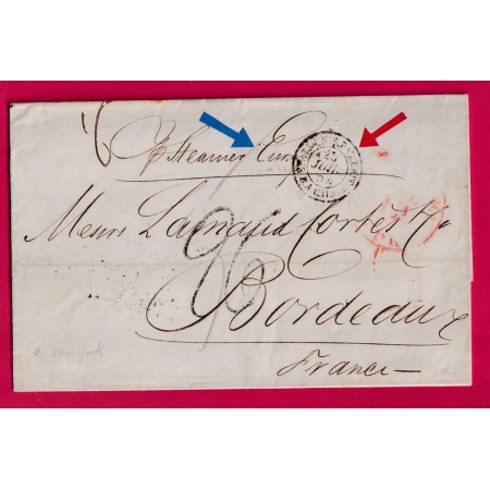 LETTRE DE NEW YORK USA TAXE TAMPON 26 DOUBLE PORT 1854 STEAMER EUROPA POUR BORDEAUX GIRONDE LETTRE
