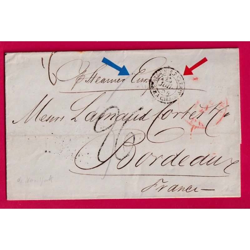 LETTRE DE NEW YORK USA TAXE TAMPON 26 DOUBLE PORT 1854 STEAMER EUROPA POUR BORDEAUX GIRONDE LETTRE
