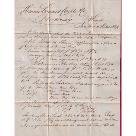 LETTRE DE NEW YORK USA TAXE TAMPON 26 DOUBLE PORT 1854 STEAMER EUROPA POUR BORDEAUX GIRONDE LETTRE