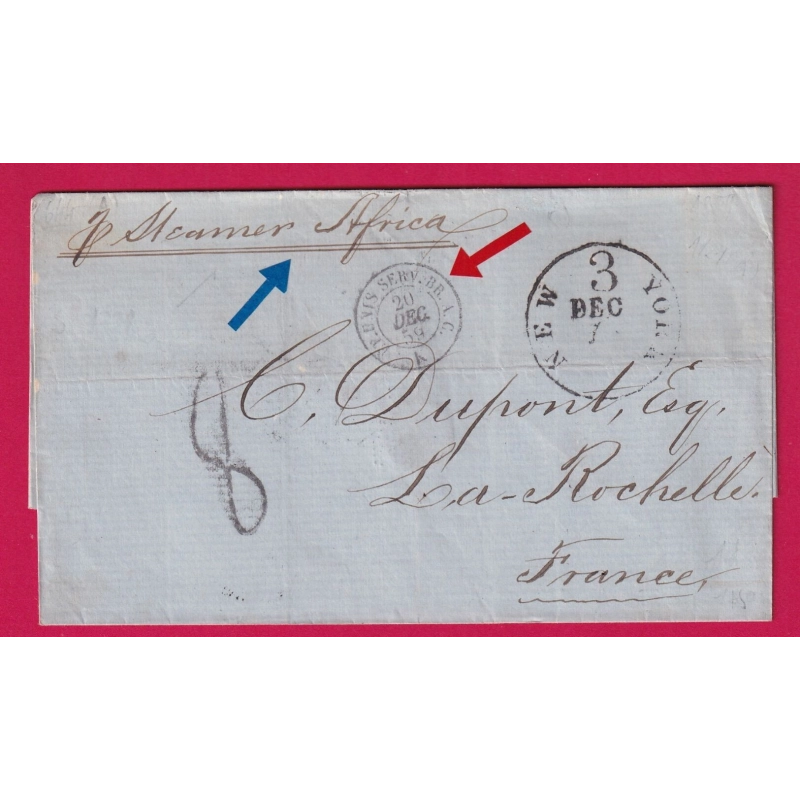 LETTRE DE NEW YORK USA TAXE TAMPON 8 1859 STEAMER AFRICA POUR LA ROCHELLE CARENTE INFERIEURE LETTRE