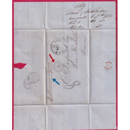 LETTRE DE NEW YORK USA TAXE TAMPON 8 1859 STEAMER AFRICA POUR LA ROCHELLE CARENTE INFERIEURE LETTRE