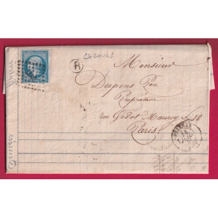 N°14 PC 2427 PEZENAS HERAULT BOITE RURALE B CAZOULS POUR PARIS LETTRE