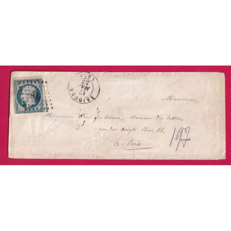 N°10 PC 534 BRIOUDE HAUTE LOIRE POUR PARIS 1853 LETTRE