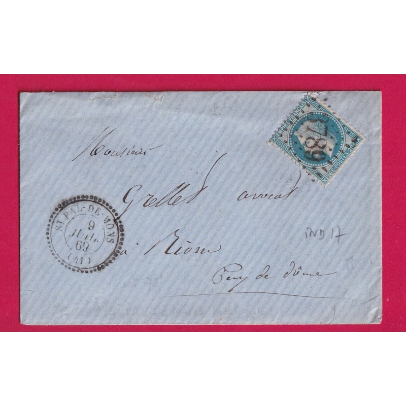 N°29 GC 3789 ST PAL DE MONS HAUTE LOIRE CAD TYPE 22 POUR RIOM PUY DE DOME INDICE 17 LETTRE