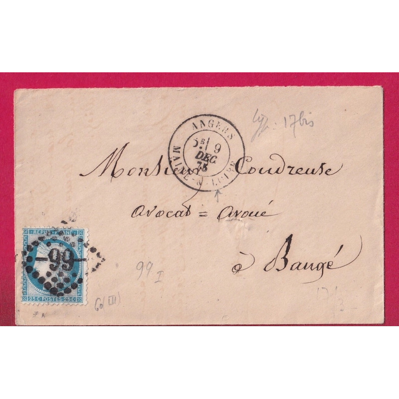 N°60 GC 99 CAD TYPE 18 ANGERS MAINE ET LOIRE POUR BAUGE LETTRE