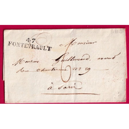 MARQUE 47 FONTEVRAULT MAINE ET LOIRE 1822 POUR PARIS INDICE 12 LETTRE COVER