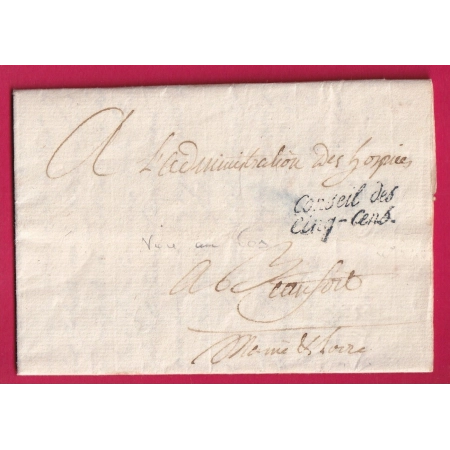 FRANCHISE CONSEIL DES CINQ CENS PARIS AN4 1796 POUR BEAUFORT MAINE ET LOIRE LETTRE COVER