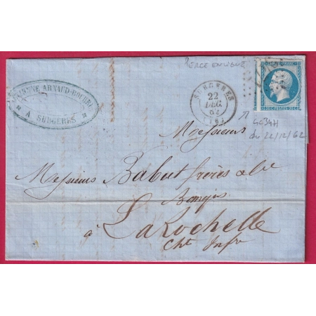 N°14 PERCE EN LIGNE SURGERES GC 3471 PRECOCE DU 22 DECEMBRE 1862 CHARENTE INFERIEURE POUR LA ROCHELLE LETTRE