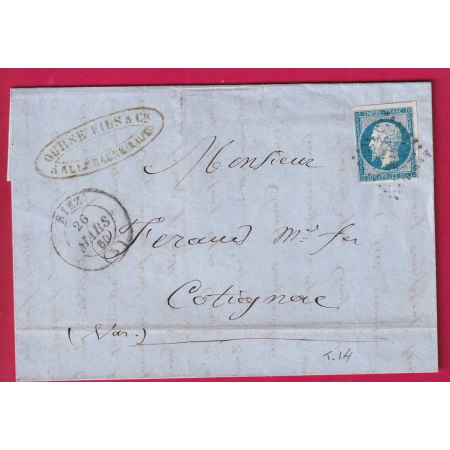 N°14 PC 2673 RIEZ BASSES ALPES CAD TYPE 14 TEXTE D' ALLEMAGNE POUR COTIGNAC VAR 1860 LETTRE