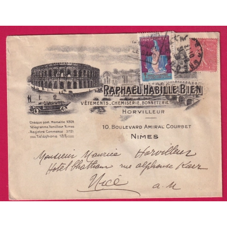 ENVELOPPE ILLUSTREE NIMES GARD MAISON RAPHAEL ARENES + VOITURE VIGNETTE TUBERCULOSE LETTRE