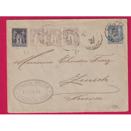 ENTIER SAGE 15C BLEU N°87 X3 83 PARIS R DE CLERY POUR ZURICH SUISSE 1894 LETTRE