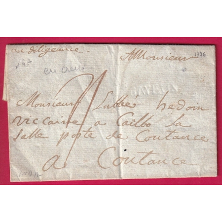 MARQUE A SEC DE BAYEUX LENAIN N°5A POUR COUTANCE 1776 MENTION EN DILIGENCE LETTRE