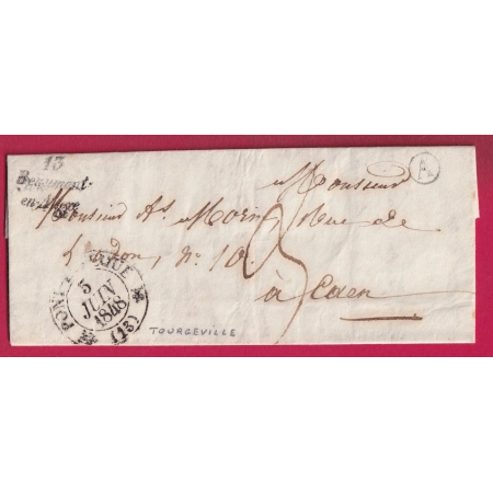 CURSIVE 13 BEAUMONT EN AUGE CALVADOS BOITE RURALE A TOURGEVILLE T12 PONT L'EVEQUE POUR CAEN 1848 LETTRE