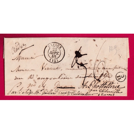 CAD TYPE 15 BAYEUX 1848 POUR PARIS REEXP L'HOTELLERIE THIBERVILLE EURE CACHET DE FACTEUR 11C PARIS LETTRE
