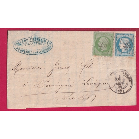 N°20 37 GC 168 ARMENTIERES NORD 6 SEPTEMBRE 1871 POUR PARIGNE L'EVEQUE SARTHE LETTRE