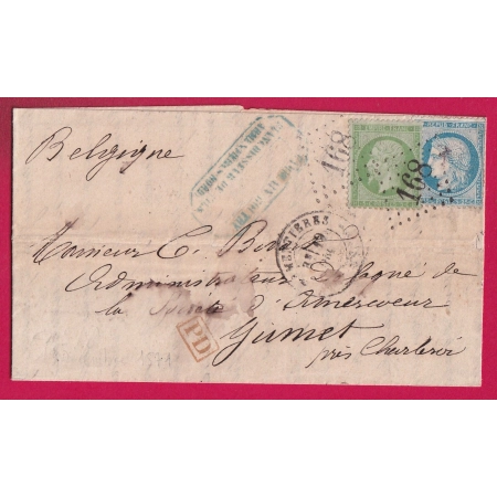 N°20 + 60 GC 168 ARMENTIERES NORD POUR JUMET BELGIQUE 1871 LETTRE COVER