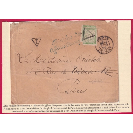 FRANCHISE TAXE MINISTRE AFFAIRES ETRANGERES TAXE DUVAL 15C VERT PRESENTE 2 FOIS PARIS DEPART 1899 LETTRE COVER
