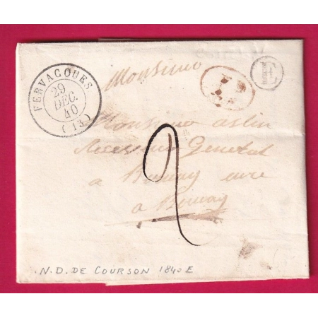 CURSIVE CAD TYPE 15 FERVACQUES CALVADOS BOITE RURALE E NOTRE DAME DE COURSON 1840 DECIME RURAL POUR BERNAY EURE LETTRE