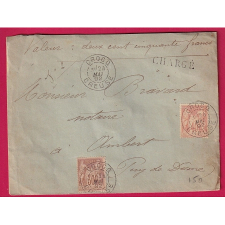N°94 80 CROCQ CREUSE LETTRE CHARGE POUR AMBERT PUY DE DOME LETTRE