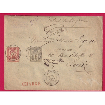 N°82 94 AMAGNE ARDENNES LETTRE CHARGE POUR PARIS 1888 LETTRE