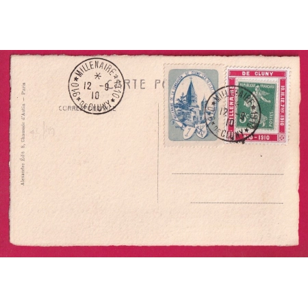 N°137 PORTE TIMBRE  + CAD MILLENAIRE DE CLUNY SAONE ET LOIRE 1910 + VIGNETTE LETTRE