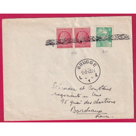 N° 676 807 ROULETTE BELGE BRUGGE BELGIQUE 1948 POUR BORDEAUX BRUGES