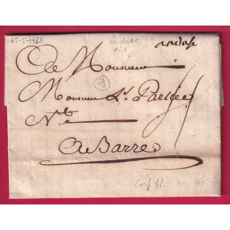 MARQUE MANUSCRIT ANDUZE GARD 1783 POUR BARRE DES CEVENNES LOZERE LENAIN N°1 INDICE 12 LETTRE COVER