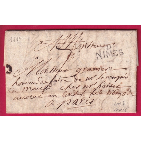 MARQUE D NIMES GARD 1714 LENAIN N°3 INDICE 15 POUR PARIS LETTRE COVER