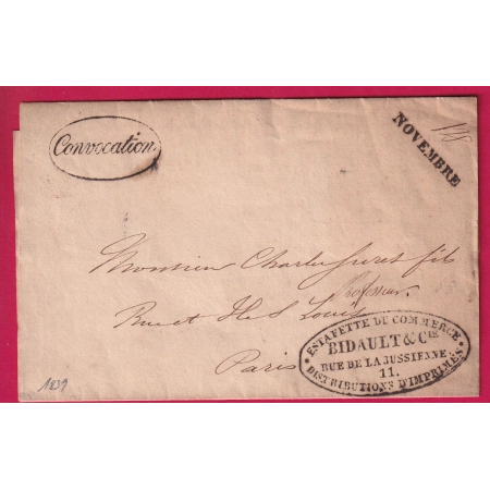 PARIS POSTES PRIVEE ESTAFETTE DE COMMERCE BIDAULT 1839 POUR PARIS LETTRE