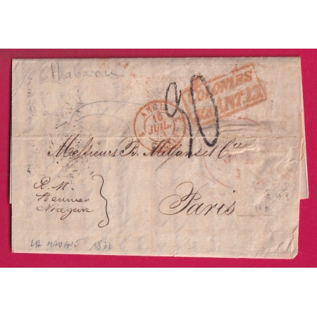 LETTRE DE LA HAVANE HABANA CUBA 1851 VOIE ANGLAISE POUR PARIS STEAMER NIAGARA TAXE 30 TAMPON LETTRE