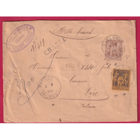 N°80 99 BALLEROY CALVADOS 1893 LETTRE CHARGE POUR VIRE CALVADOS COVER