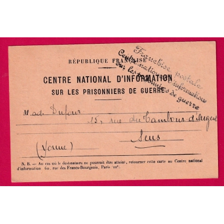 WW2 GUERRE FRANCHISE POSTALE CENTRE NATIONALE INFORMATION SUR PRISONNIERS DE GUERRE 1941 POUR SENS YONNE LETTRE