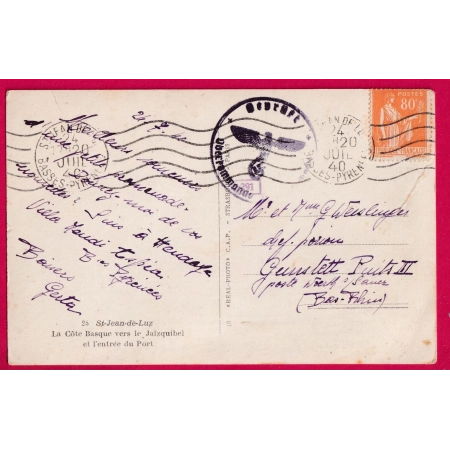 WW2 80C TYPE PAIX ST JEAN DE LUZ BASSES PYRENEES 1940 CENSURE NAZI POUR WOERTH BAS RHIN LETTRE