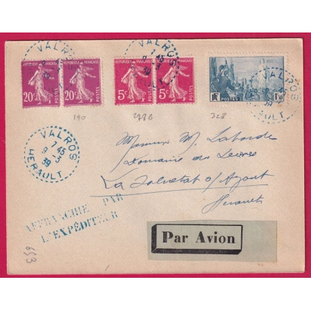 N°190 278B 328 CAD PERLE BLEU VALRAS HERAULT 1939 POUR LA SALVETAT SUR AGOUT LETTRE