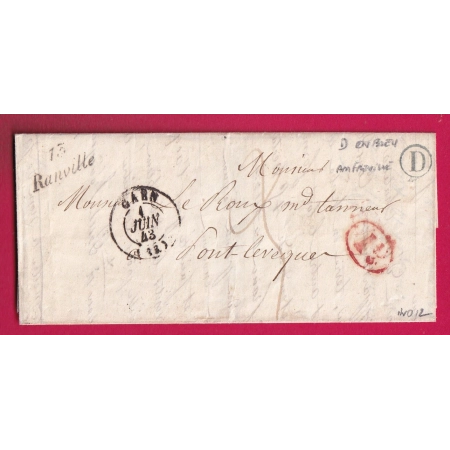 CURSIVE 13 RANVILLE CALVADOS BOITE RURALE D EN BLEU AMFREVILLE DECIME RURAL POUR PONT L'EVEQUE 1843 LETTRE