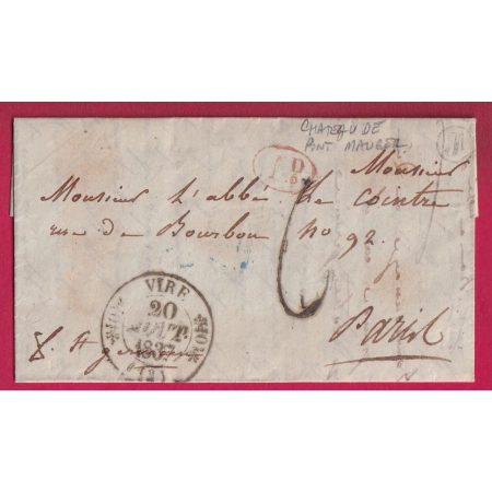 CAD TYPE 11 VIRE CALVADOS BOITE RURALE J CHATEAU DE PONT MAUGER DECIME RURAL POUR PARIS 1837 LETTRE