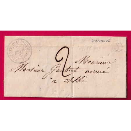 CAD TYPE 15 VALENCE D'ALBIGEOIS TARN 1847 TAXE TAMPON 2 BOITE RURALE J VILLENEUVE POUR ALBI T14 AU DOS LETTRE