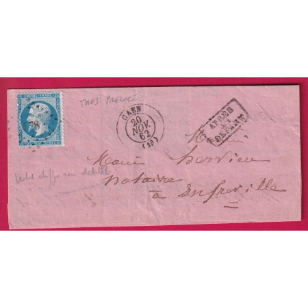 N°22 PRECOCE DU 20 NOV 1862 PC 578 CAEN CALVADOS POUR AMFREVILLE AU DOS TYPE 22 RANVILLE LETTRE PAPIER ROSE