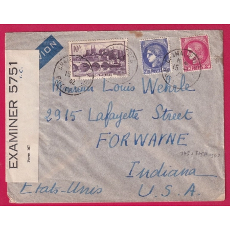 N°373 375A 500 CHAMALIERE PUY DE DOME POUR FORWAYNE INDIANA USE 1942 CENSURE LETTRE